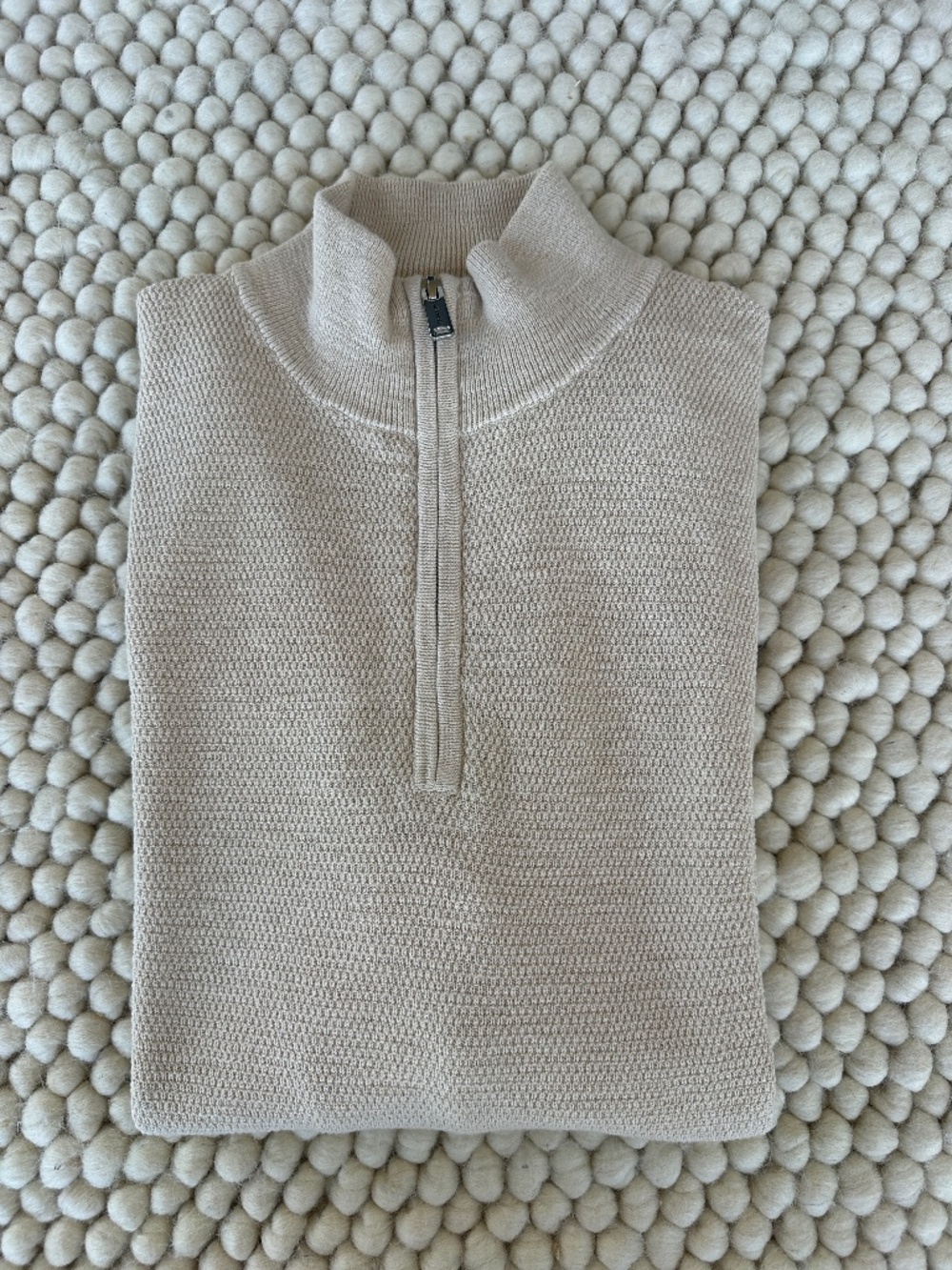 Men's Beige Waffle-Knit Quarter-Zip Sweater